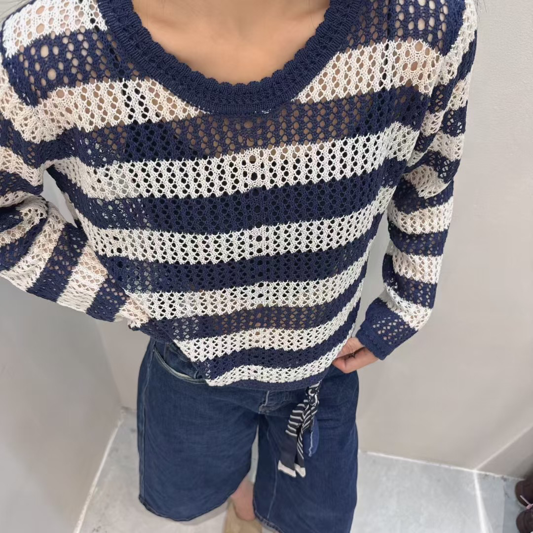 默认厚度女长袖法式圆领毛针织衫秋冬衫休闲百搭上衣条纹打底衫