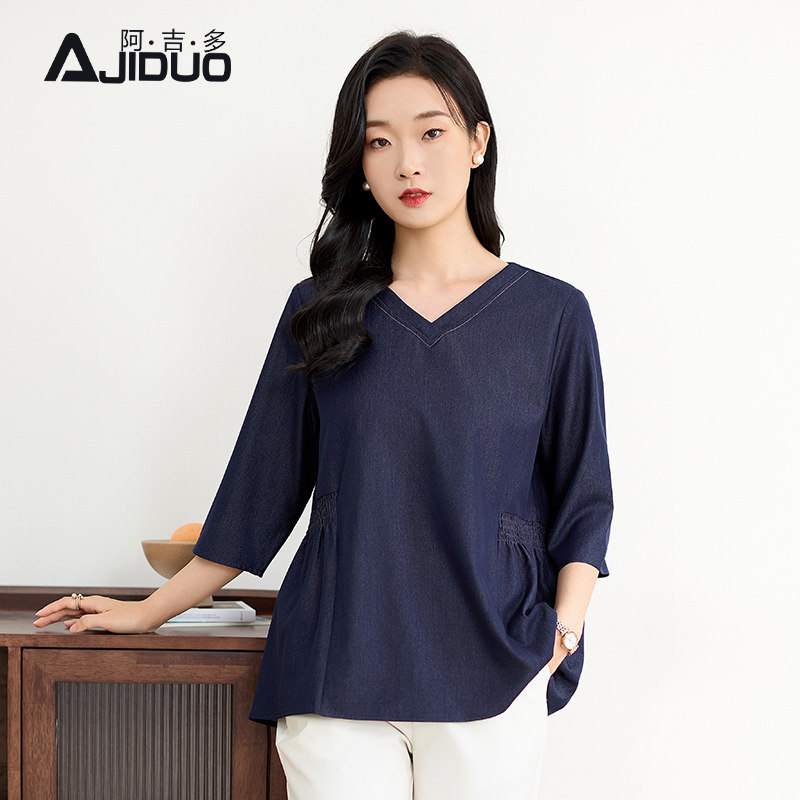 阿吉多A23523V领中袖T恤女2025夏季新款经典气质减龄大码上衣