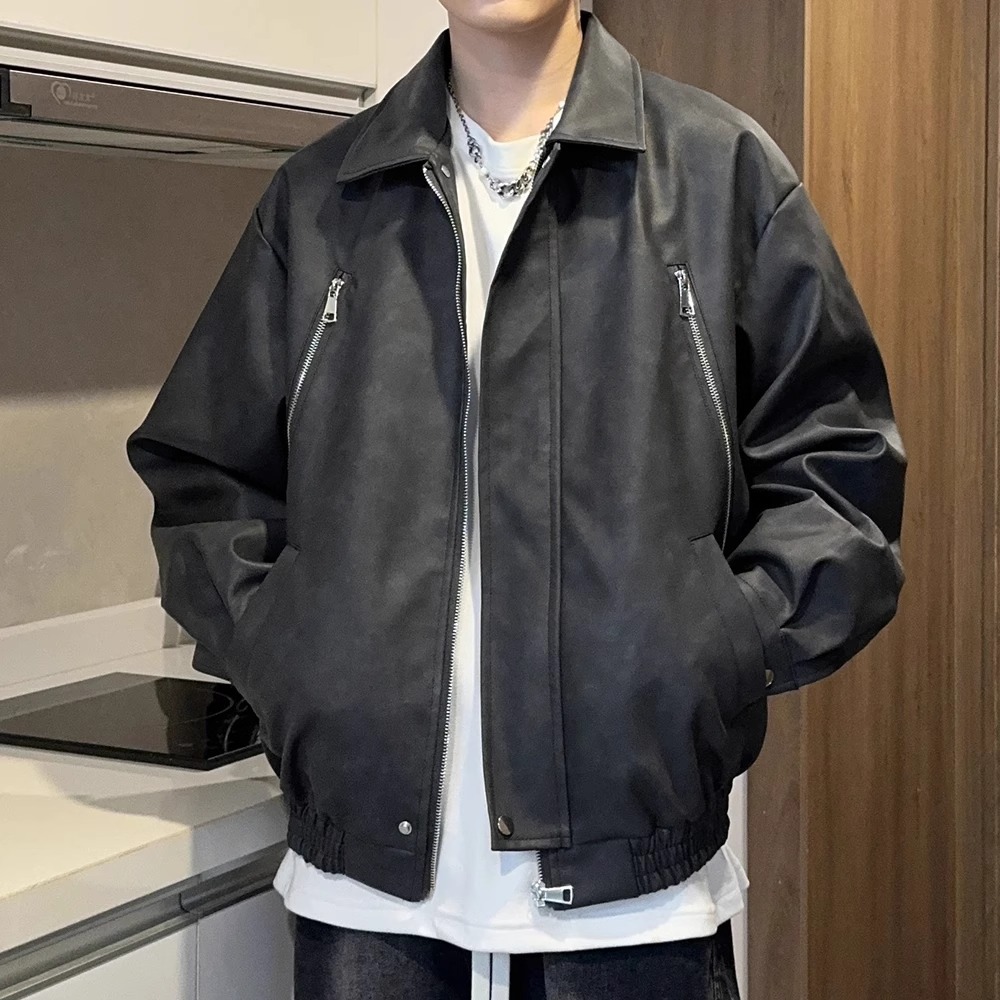 美式复古皮衣外套男生春秋季潮牌翻领痞帅夹克男款加棉加厚棒球服