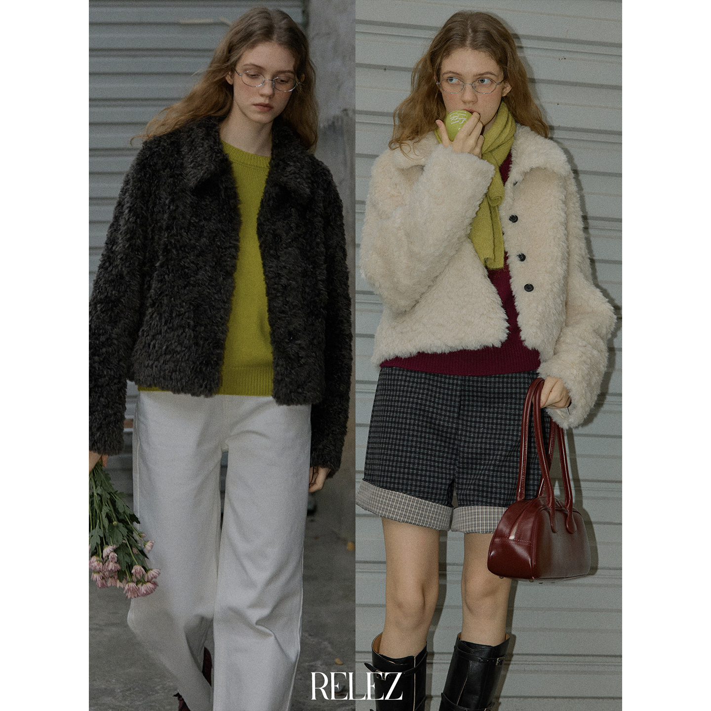 relez 短款休闲皮毛一体女冬季新款复古高级感宽松简约翻领外套