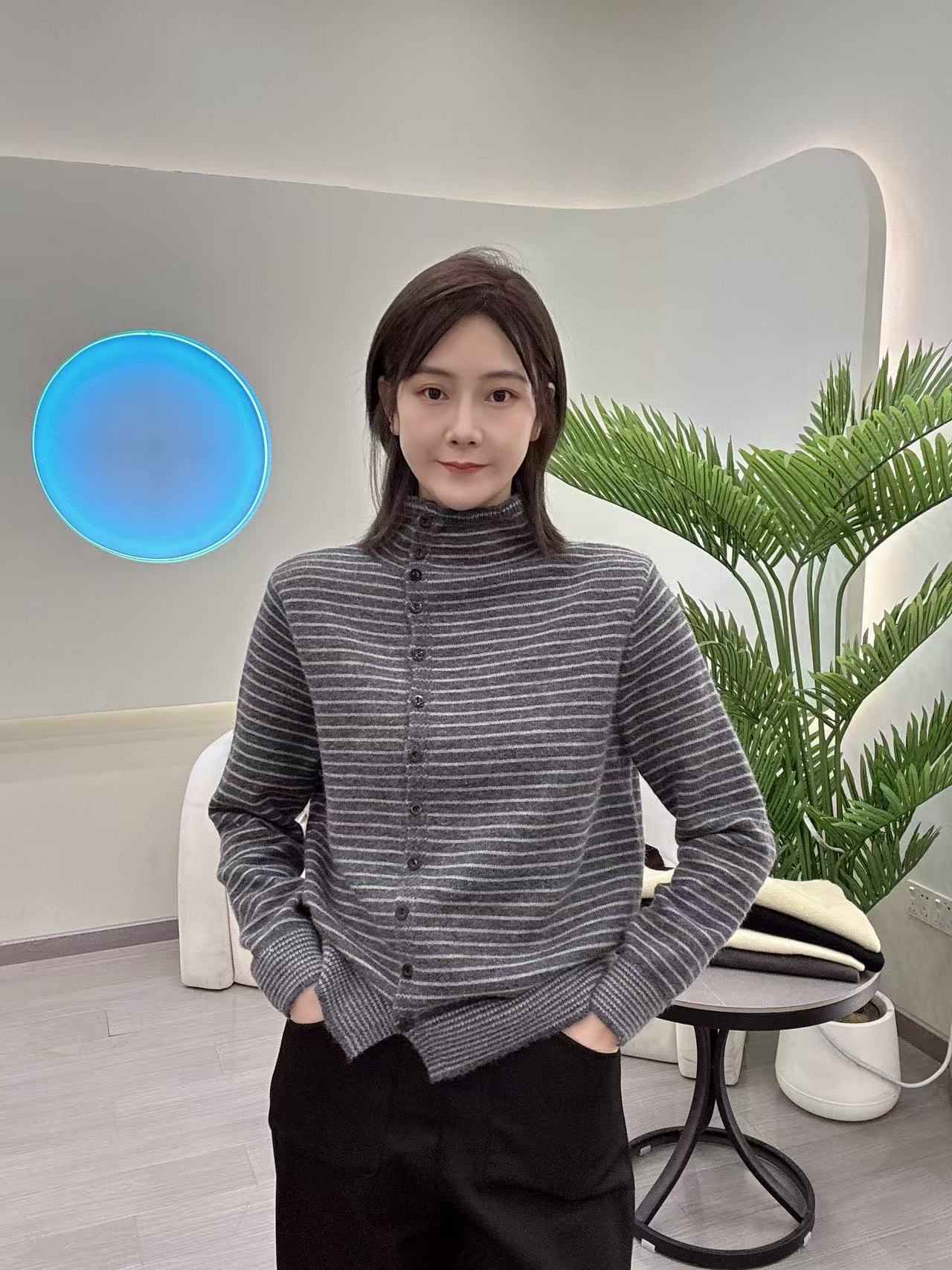 欧韩秋冬宽松软糯时尚条纹斜襟单排扣长袖针织开衫6220