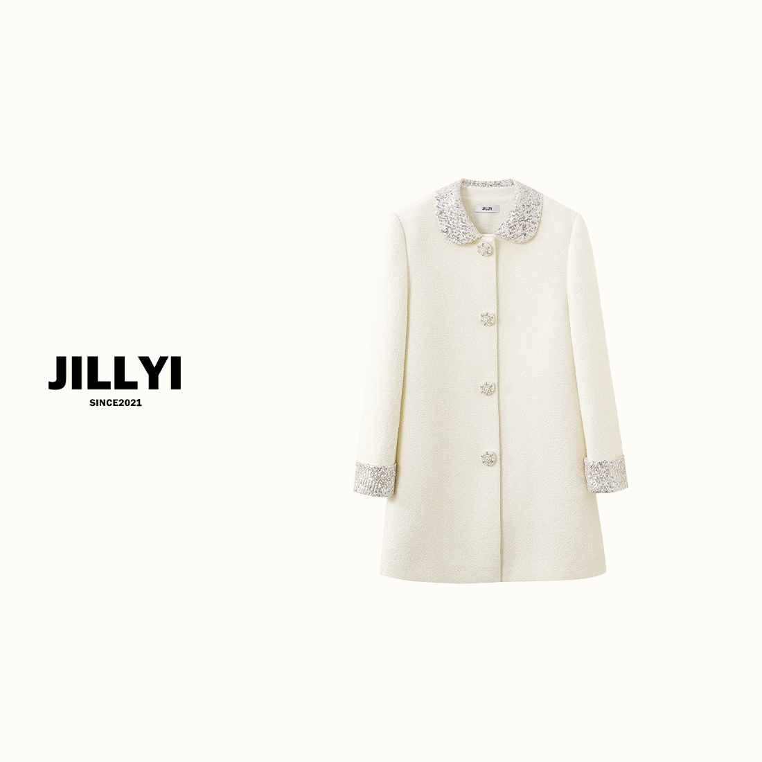 JILLYI南山店【奶油甜心】亮片娃娃领秋冬季洁白气质时尚百搭外套