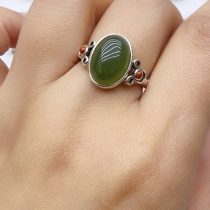 和田玉戒指银S925镶嵌天然
