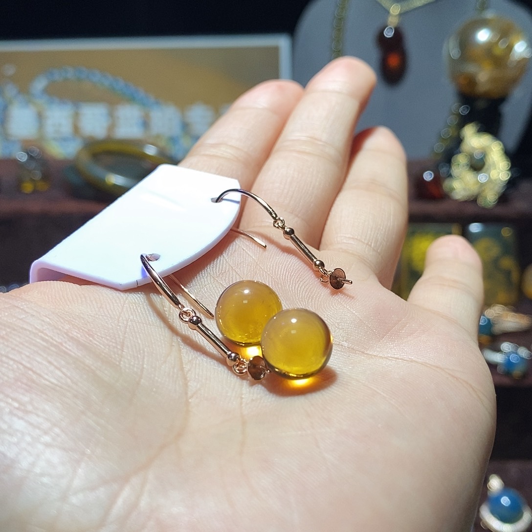 时***了蓝珀银S925镀金镶嵌耳饰定制12m高蓝净水竹节耳钩