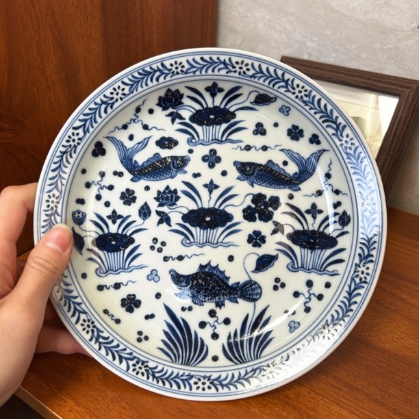 Q076景德镇手工手绘仿明春风鱼藻壶承—17.5cm