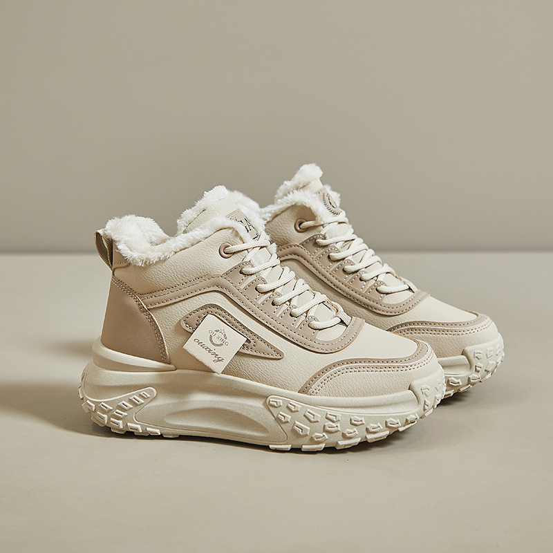 Q039加绒高帮鞋女2024新款百搭棉鞋女厚底防滑防水鞋子女