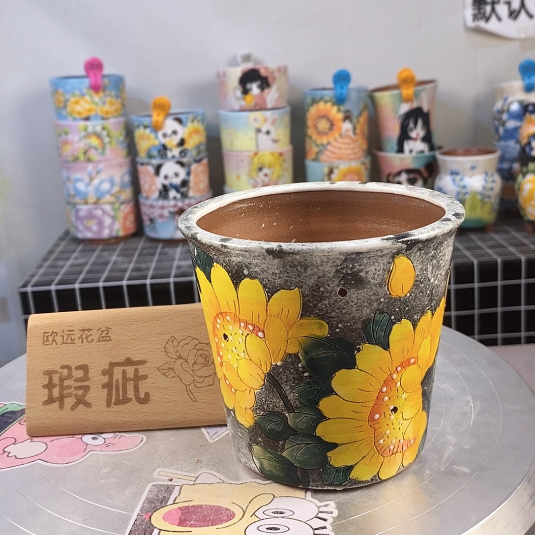 紫砂花盆红陶手绘花盆