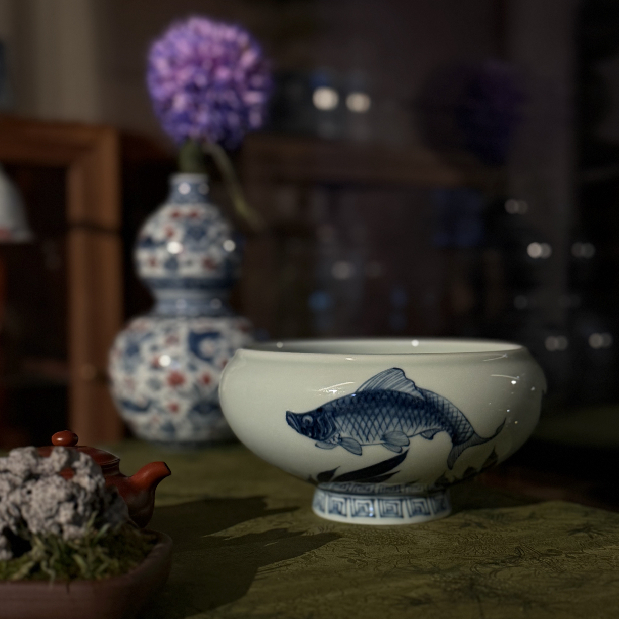 知否｜甄选景德镇陶瓷茶具白瓷元青花幽蓝溪堂鱼藻纹水洗