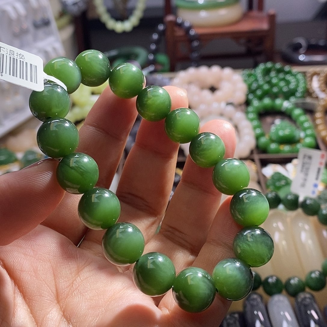 和田玉毕业级碧玉俄料高冰老矿料猫眼圆珠手串12未镶嵌