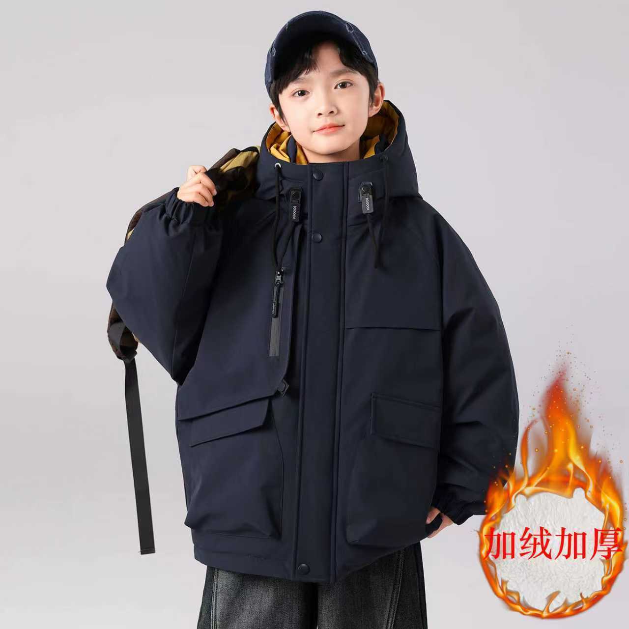 男童加绒加棉外套秋冬款新款儿童冬装宽松大童男孩加厚棉衣痞
