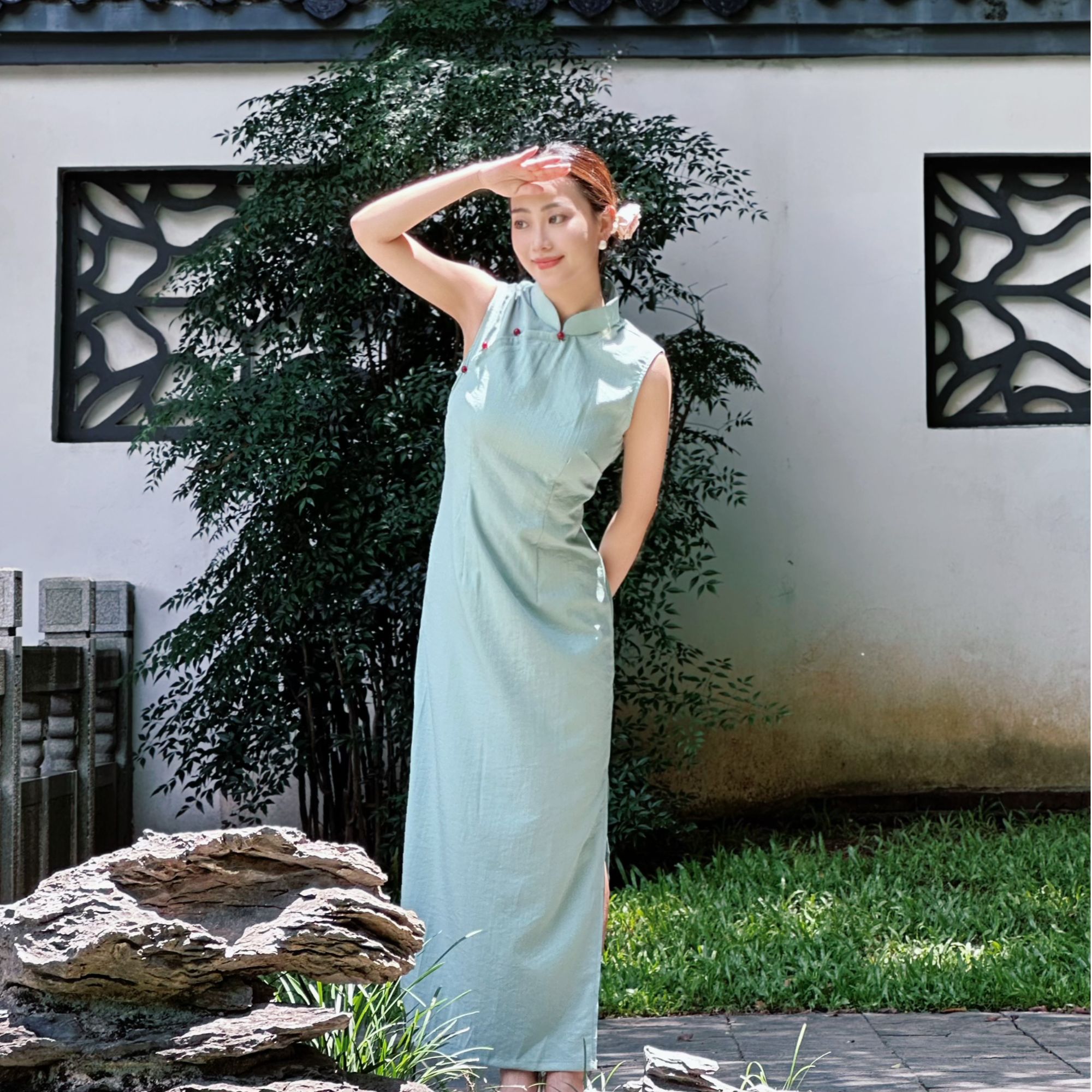 着样新中式国风「青萝」国风无袖开叉旗袍裙