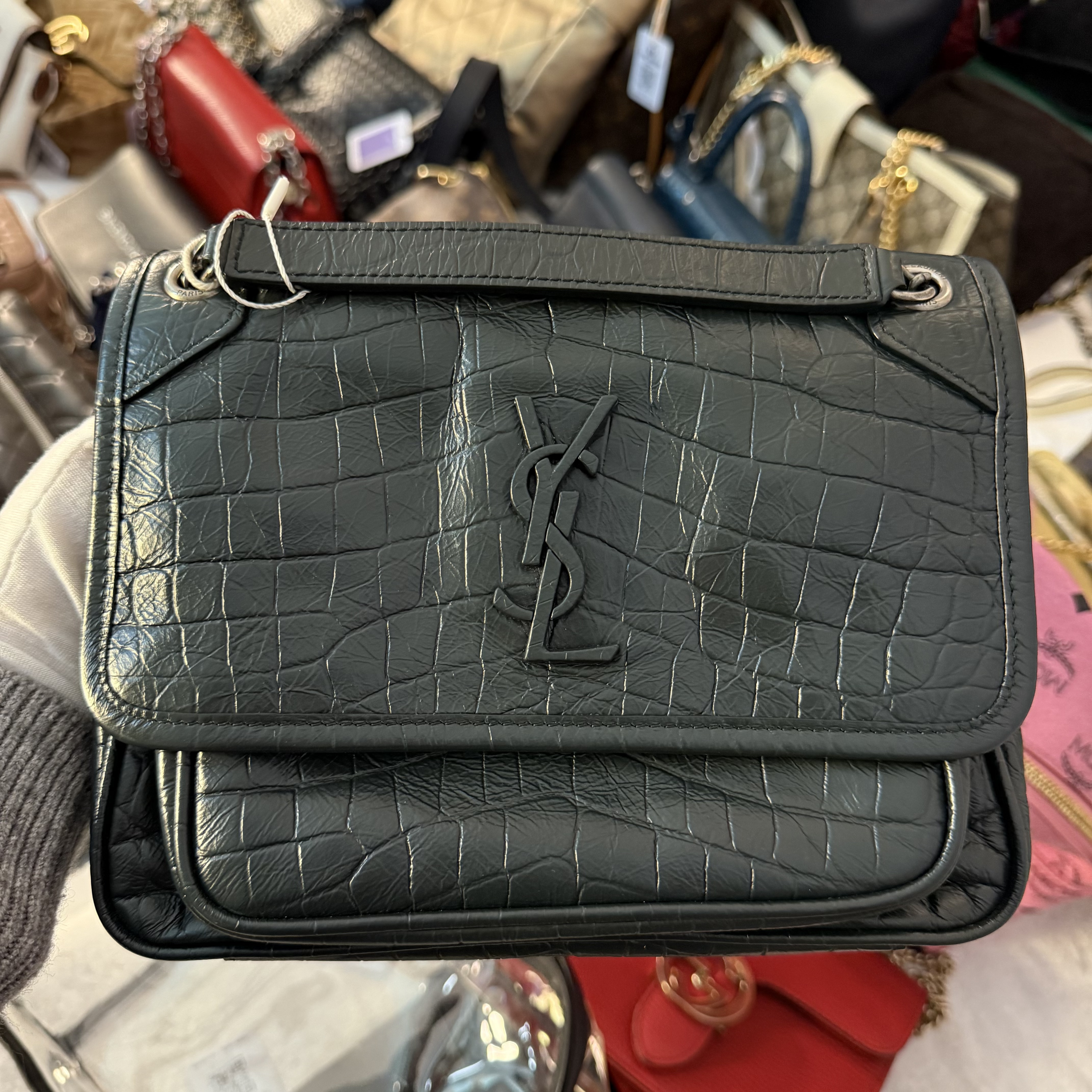95新 YSL/圣罗兰 墨绿色niki斜挎包/美美在包展