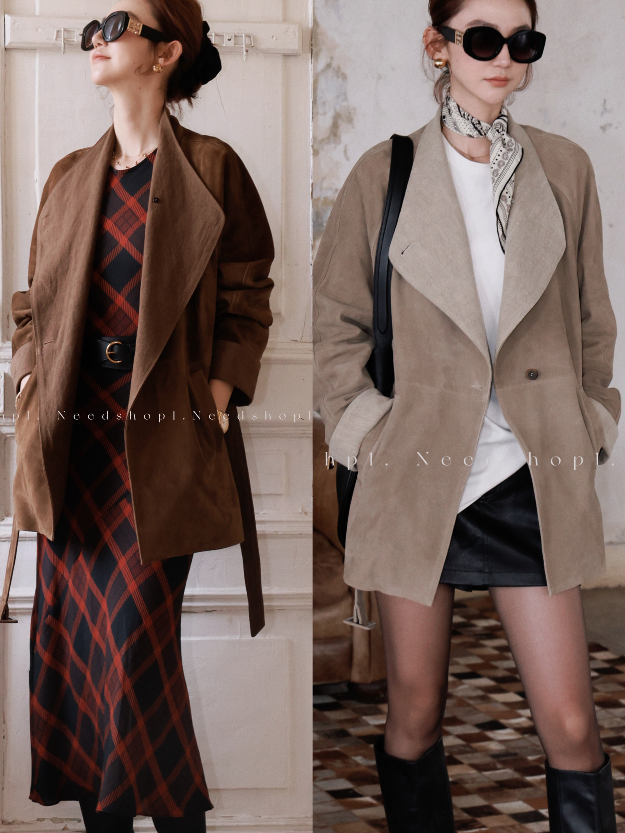  NeedShop1 【大翻领真皮拼接外套】中长款羊皮+亚麻拼接外套