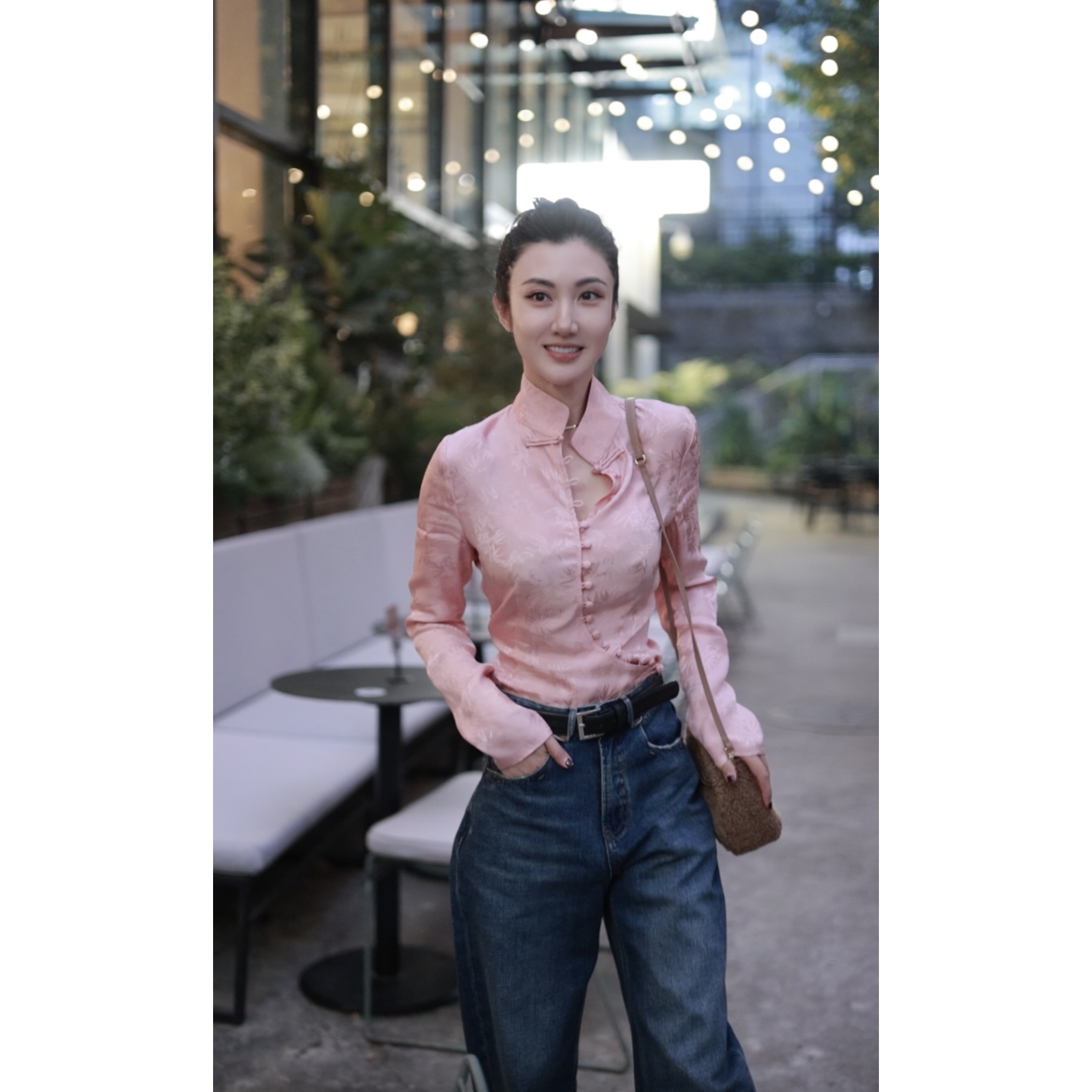 2312154【壁虎服饰】24新*国风新中式斜襟排扣竹叶提花粉玫瑰金衬衫