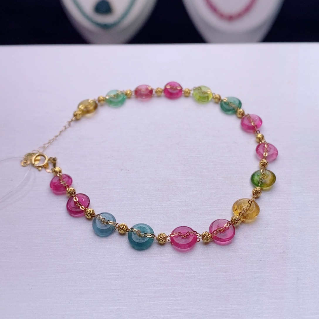 18K金镶嵌手链碧玺平安扣手链yy