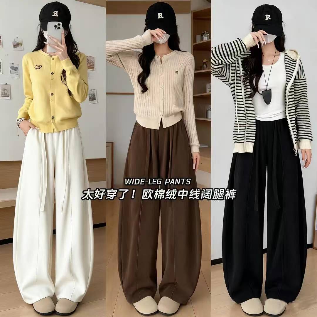 加绒高品质真欧棉绒中线阔腿裤2025年冬新款显瘦宽松慵懒风女裤
