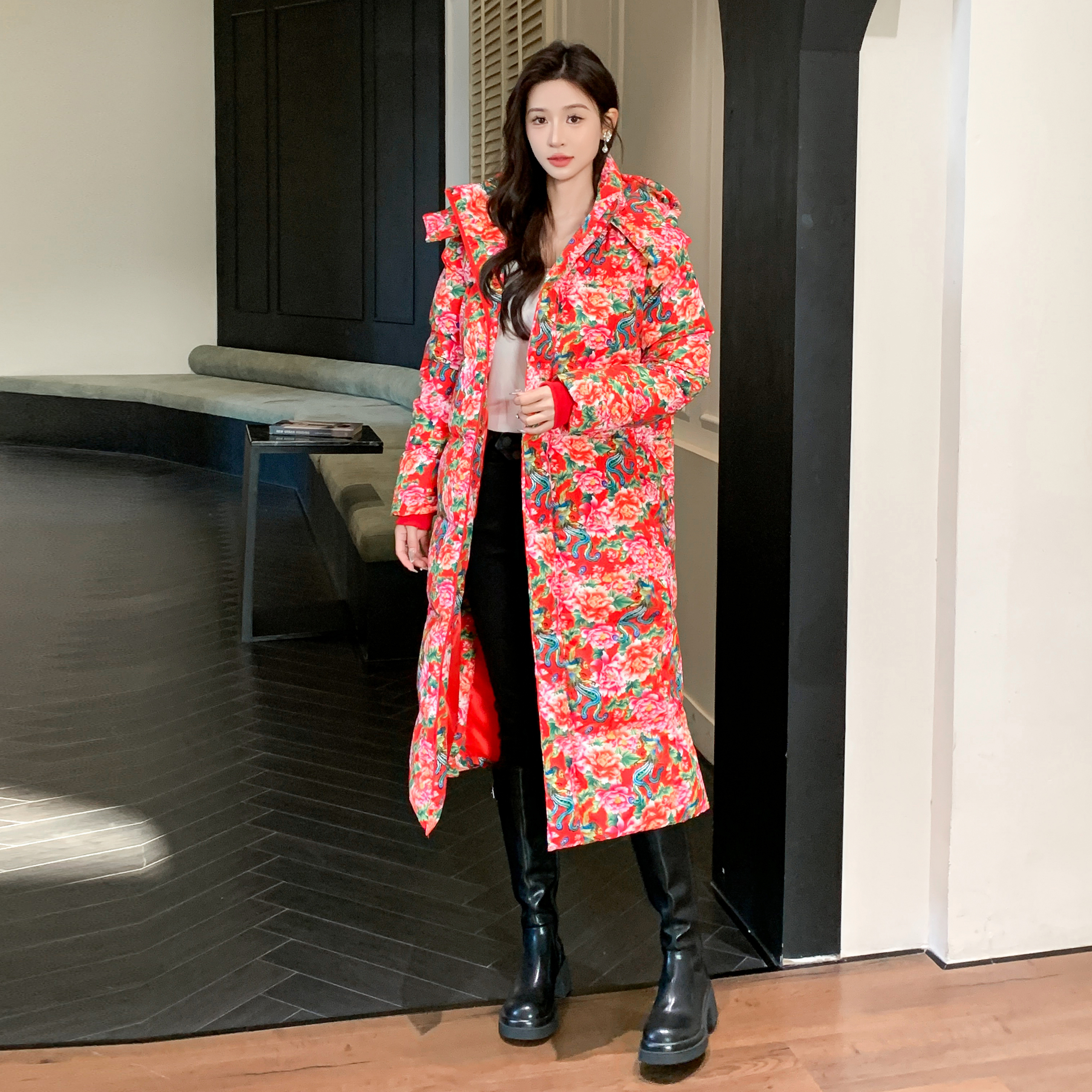 【新国标极寒系列】长款东北大花加厚白鸭绒羽绒服连帽保暖羽绒服