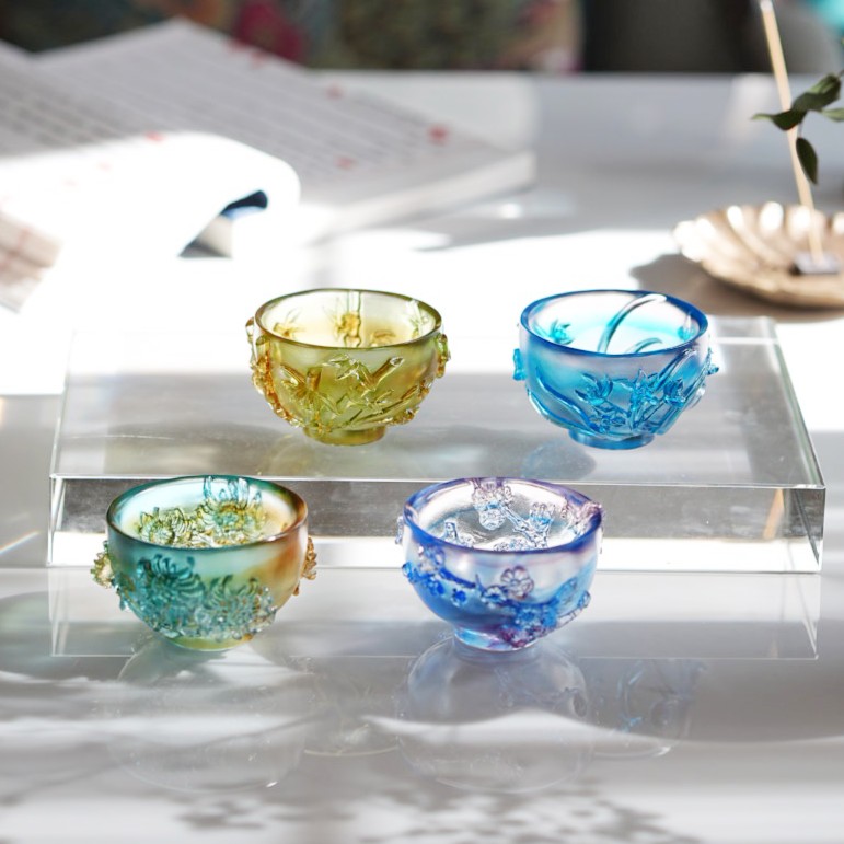 【奇居家饰】非遗工艺浮雕琉璃茶碗梅兰竹菊碗主人杯