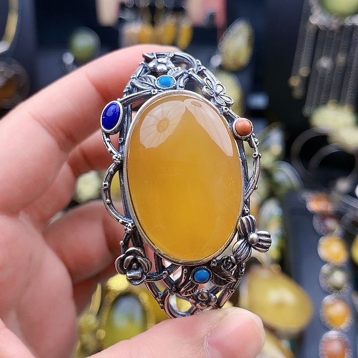 琥珀裸石银S925镶嵌手镯