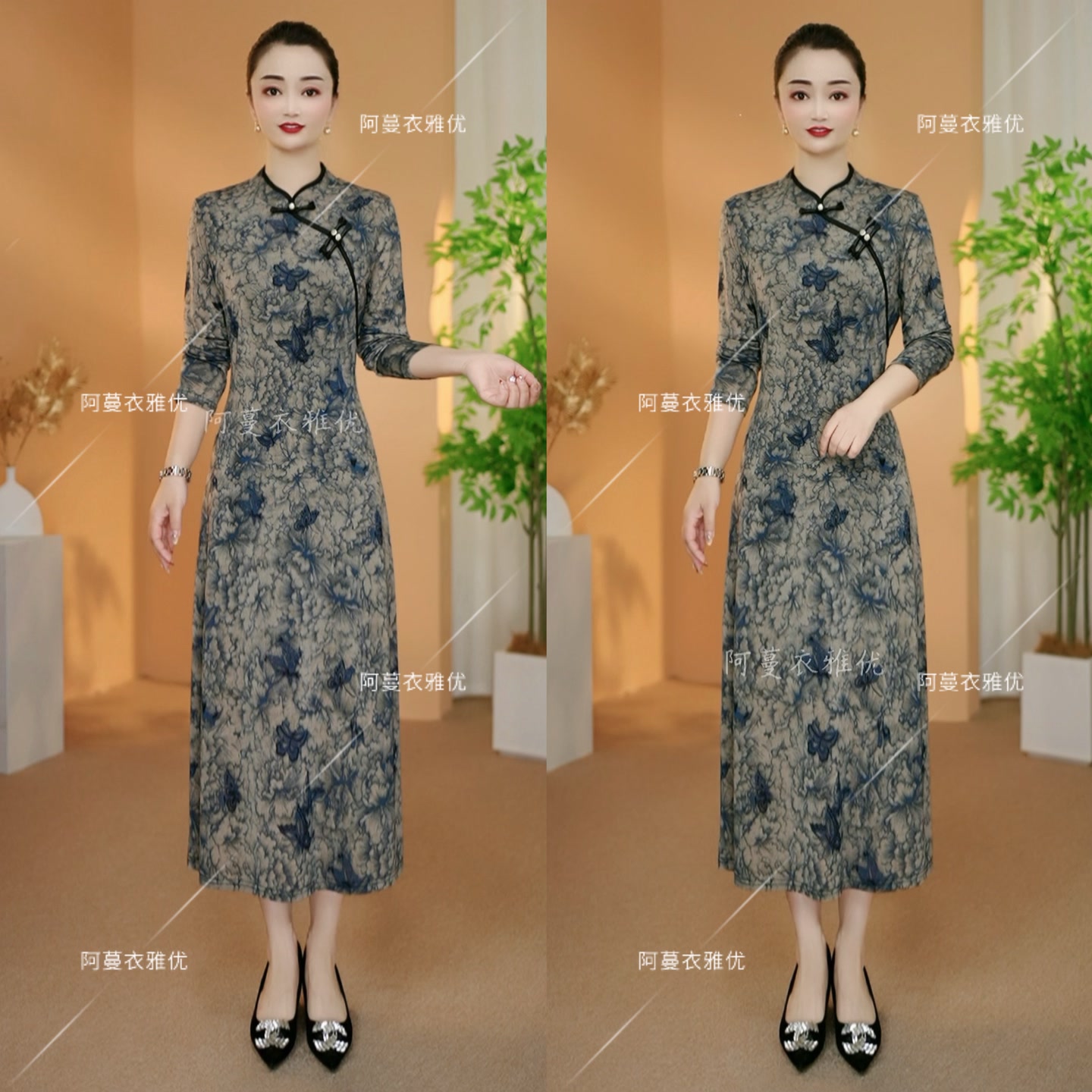 【衣雅优选】8082-2371长袖款斜门襟弹力冰麻气质显瘦旗袍连衣裙