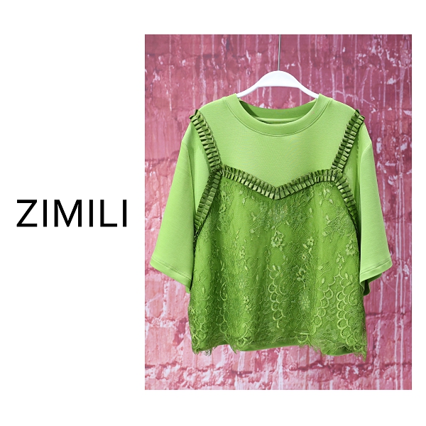 【亮哥女装】2025欧版《茂盛》草木绿拼接蕾丝高克重气质短袖8573-C7