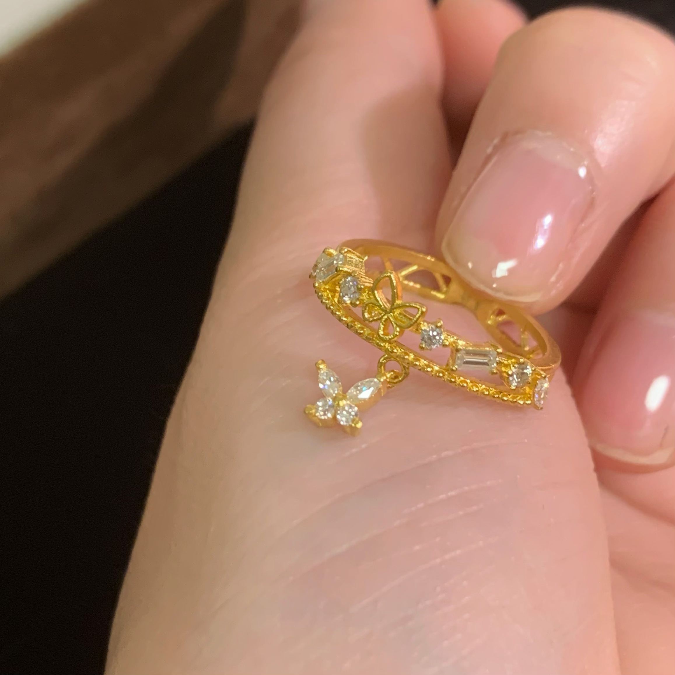 足金999 黄金5G工艺 花丝蝴蝶提溜戒指