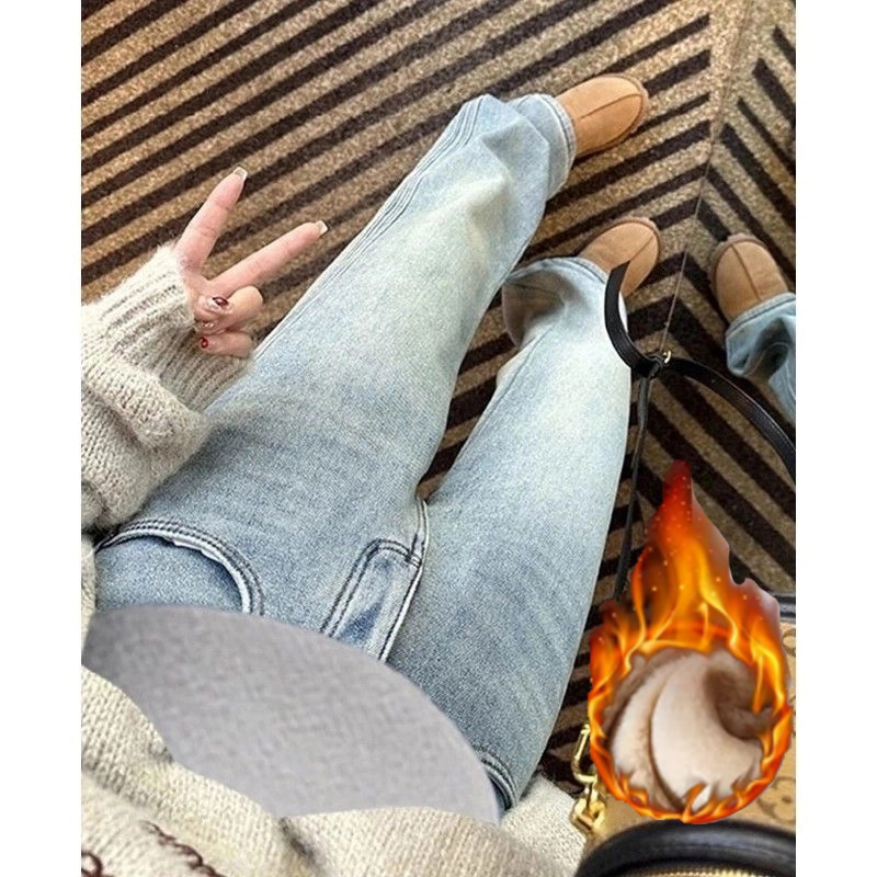 大码女装冬季新款加绒加厚牛仔裤女高腰宽松显瘦胖mm200斤阔腿裤Y