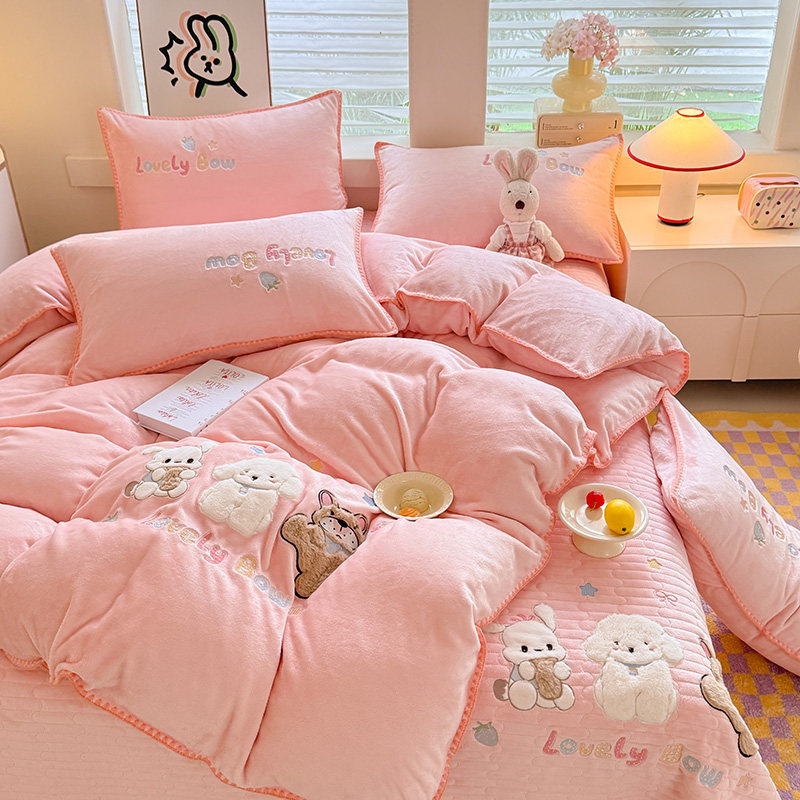 【11斤卡通贴布绣床盖牛奶绒】秋冬季加厚加绒保暖牛奶绒四件套被套