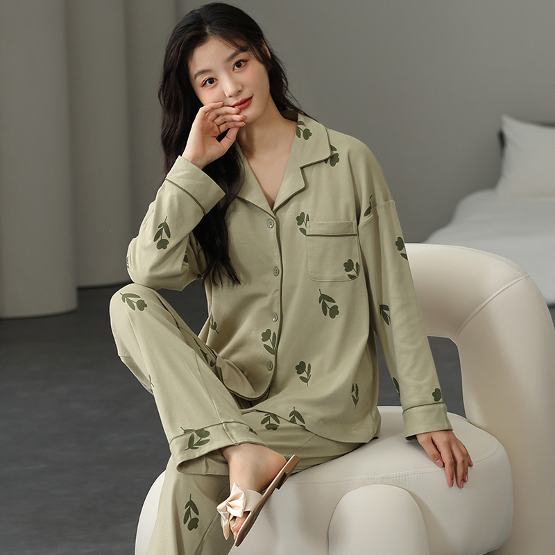 66124春秋季纯棉睡衣女士高品开衫翻领睡衣长袖长裤家居服套装