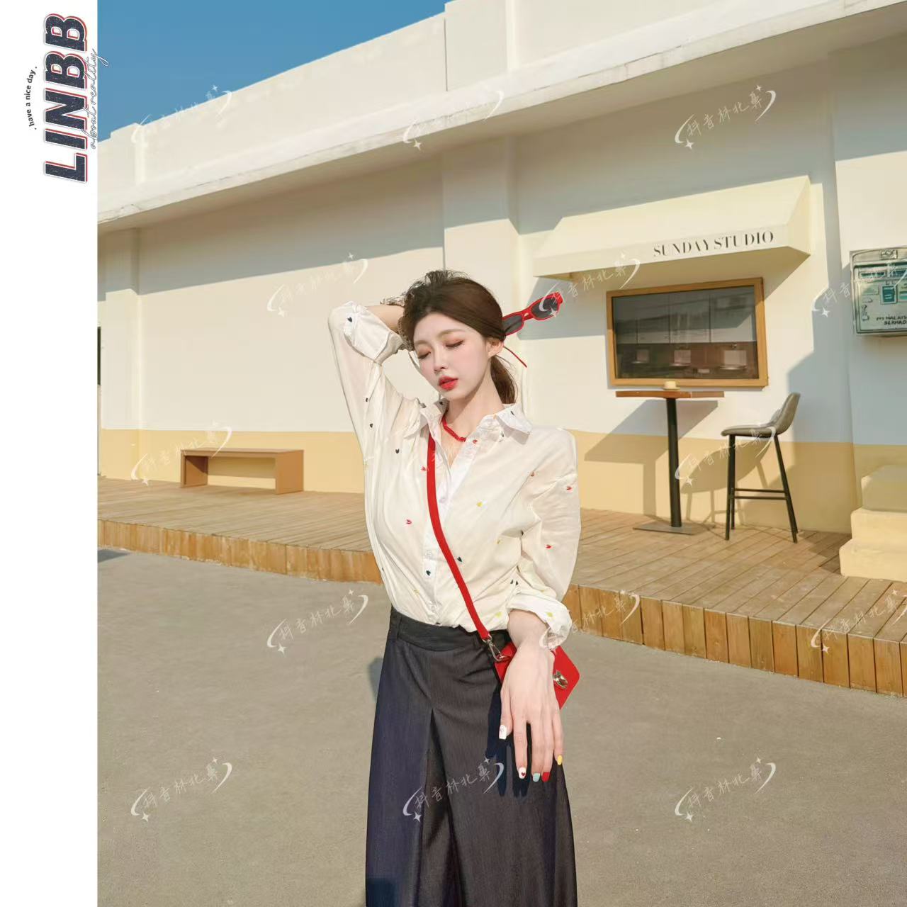 林北鼻-【独白】韩单夏日刺绣白色爱心休闲大牌衬衫