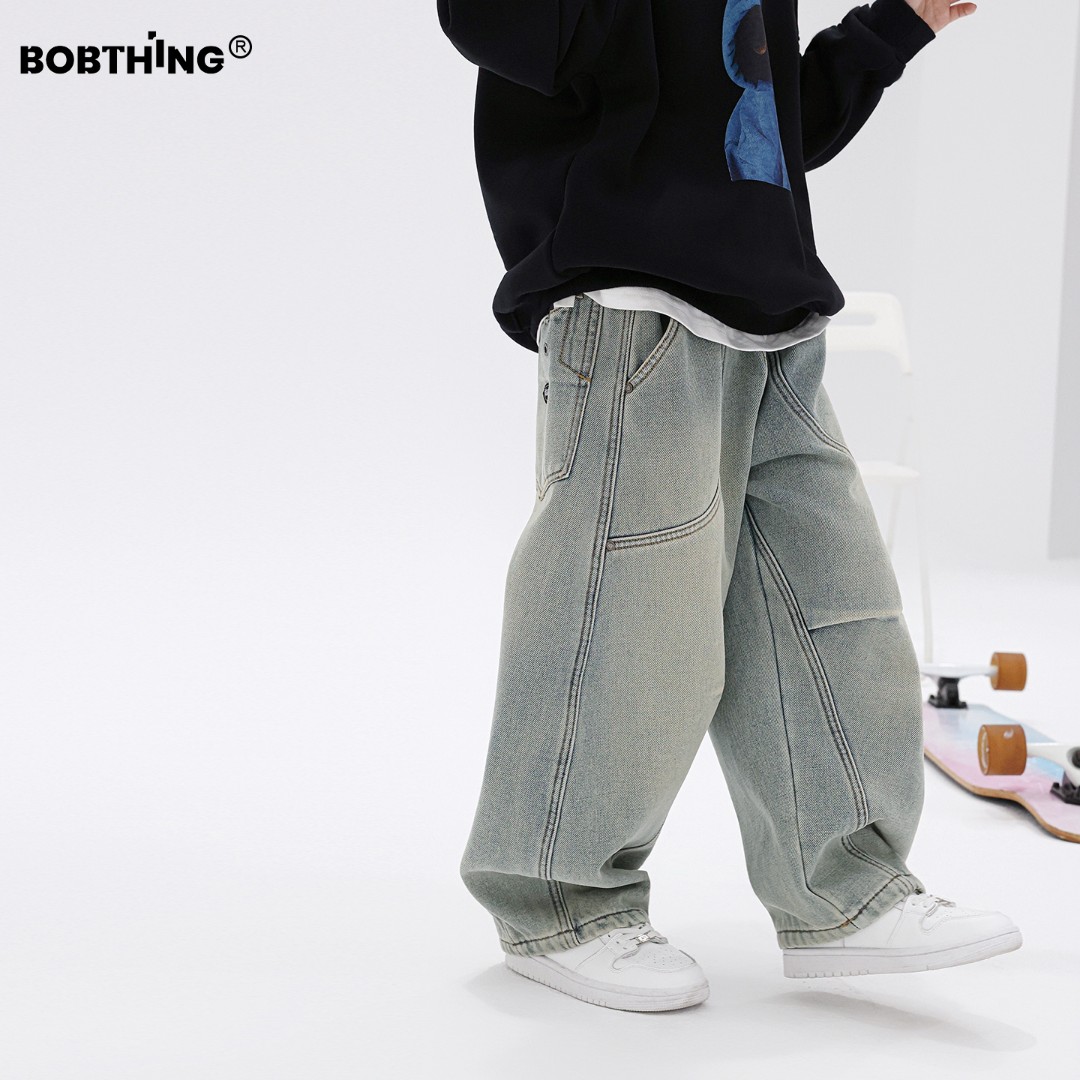 男童冬季个性裁剪拼接一体绒牛仔裤加厚直筒裤儿童加绒裤子潮童装