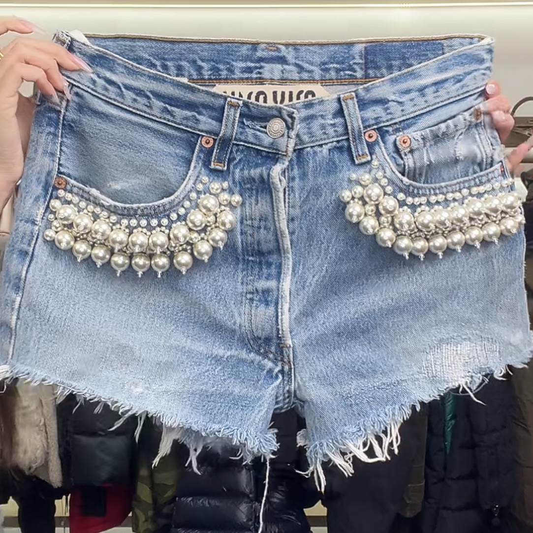 95新 MIU MIU/缪缪 HZ缪缪珍珠牛仔短裤Z524