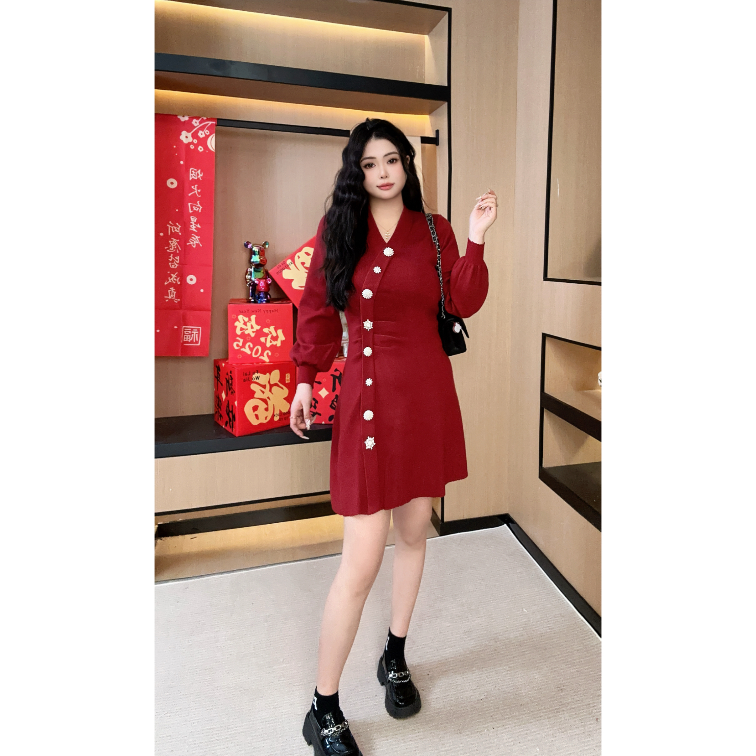 微胖定制~轻奢气质连衣裙洋气收腰显瘦黑色韩版针织裙子HC437