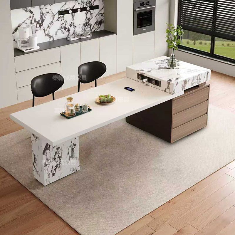 意式高端可伸缩岩板岛台餐桌一体家用大户型厨房中岛