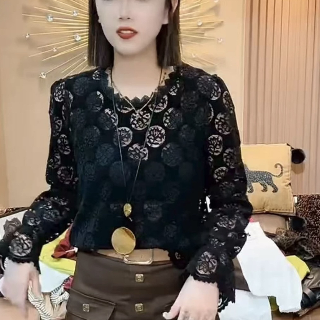 欧货提花镂空蕾丝长袖T恤衫女2025秋季新款宽松显瘦圆领休闲上衣