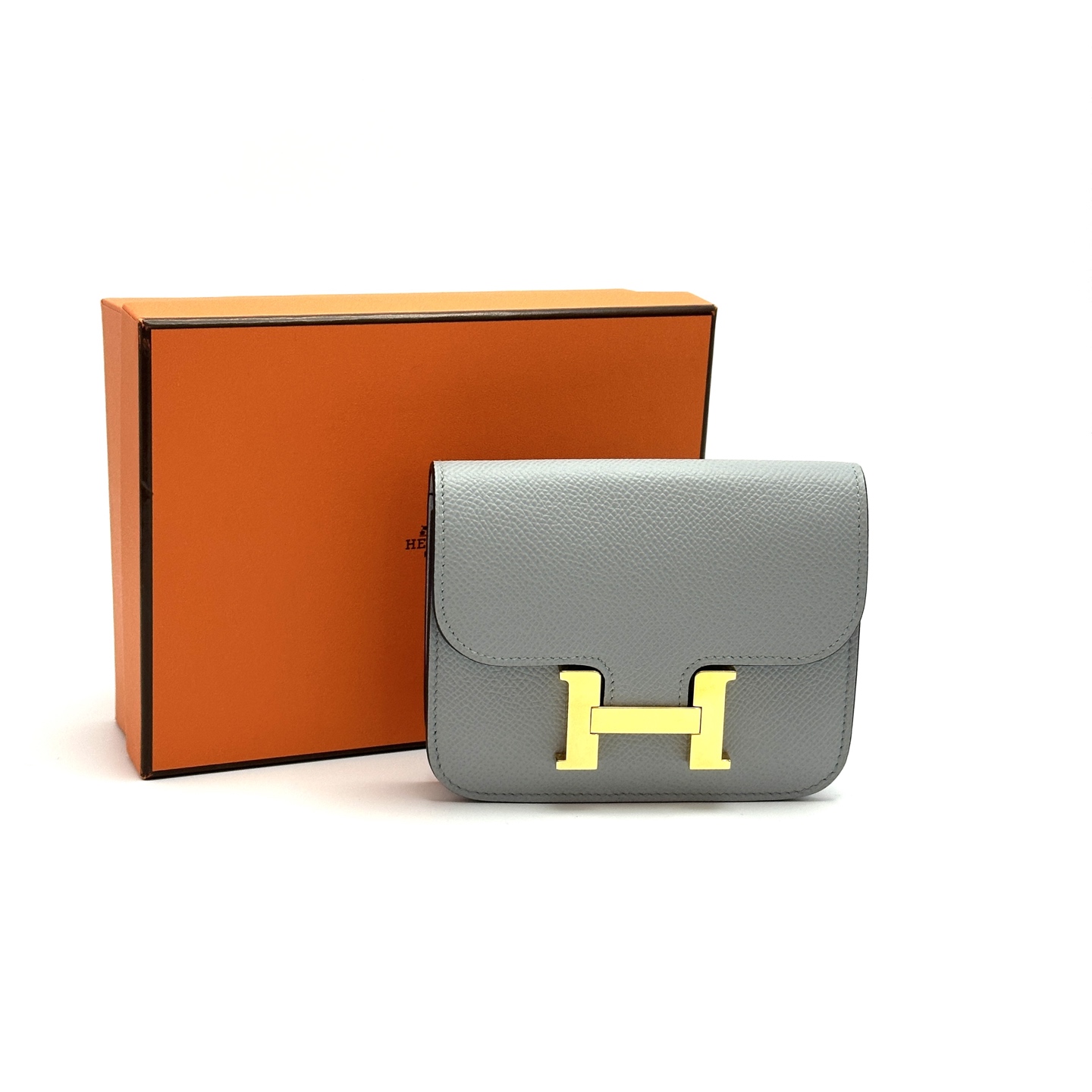 99新 Hermes/爱马仕 雾霾蓝金扣康康slim二合一钱包 04467