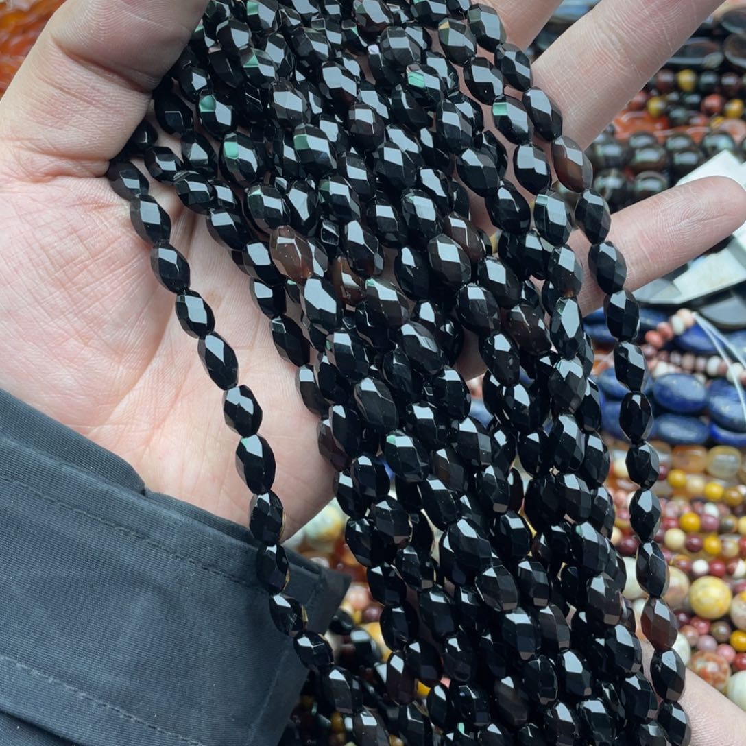 玛瑙/玉髓珠宝半成品未镶嵌一条装7*11黑玛瑙切面鼓珠