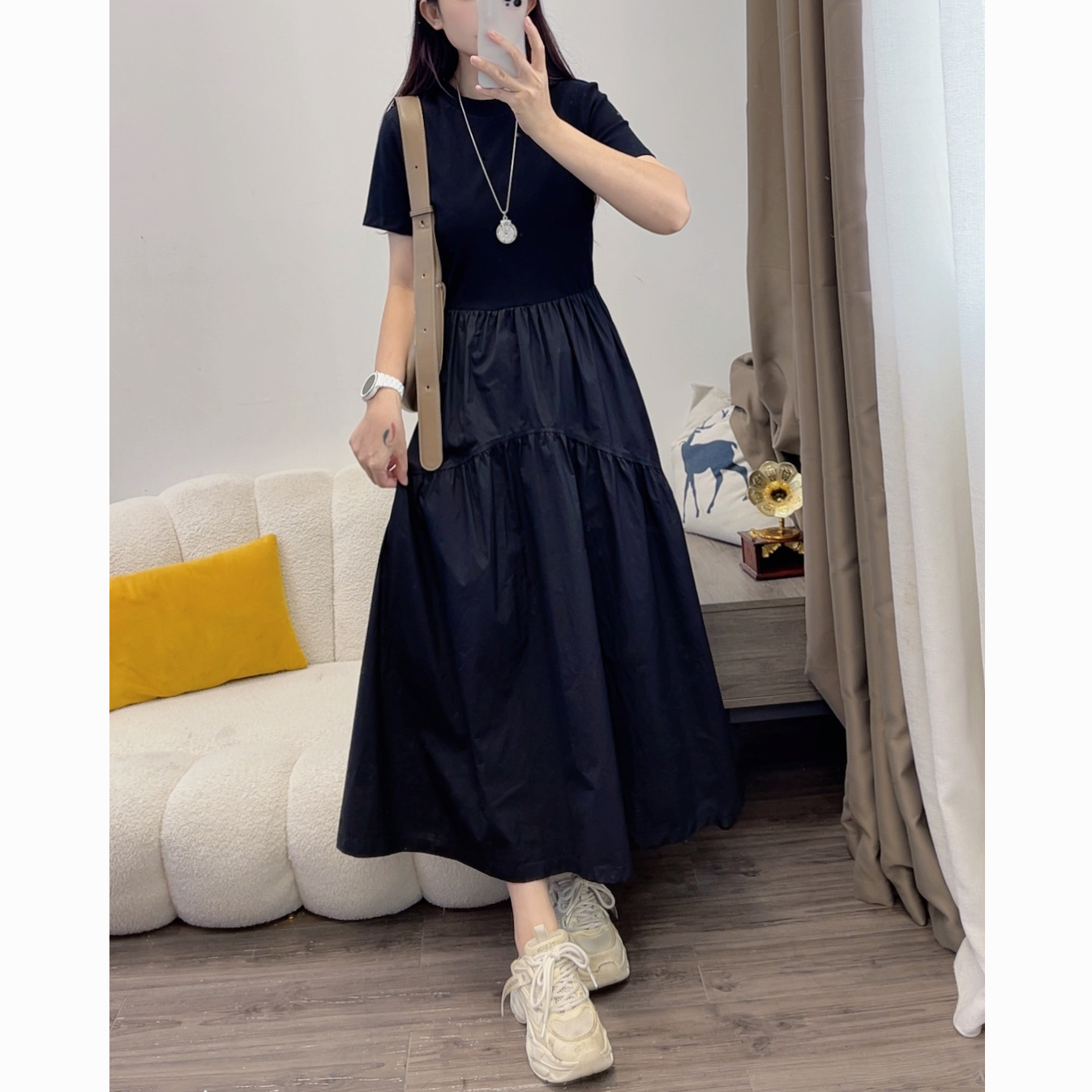 2025夏季新款女装中长女裙遮肉大摆裙圆领显瘦连衣裙女DYY2927