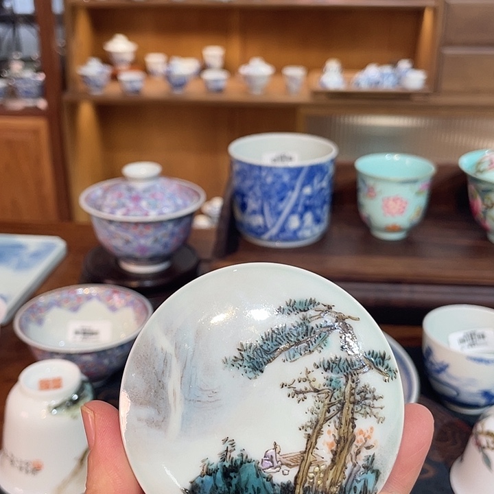 手工粉彩山水印泥盒