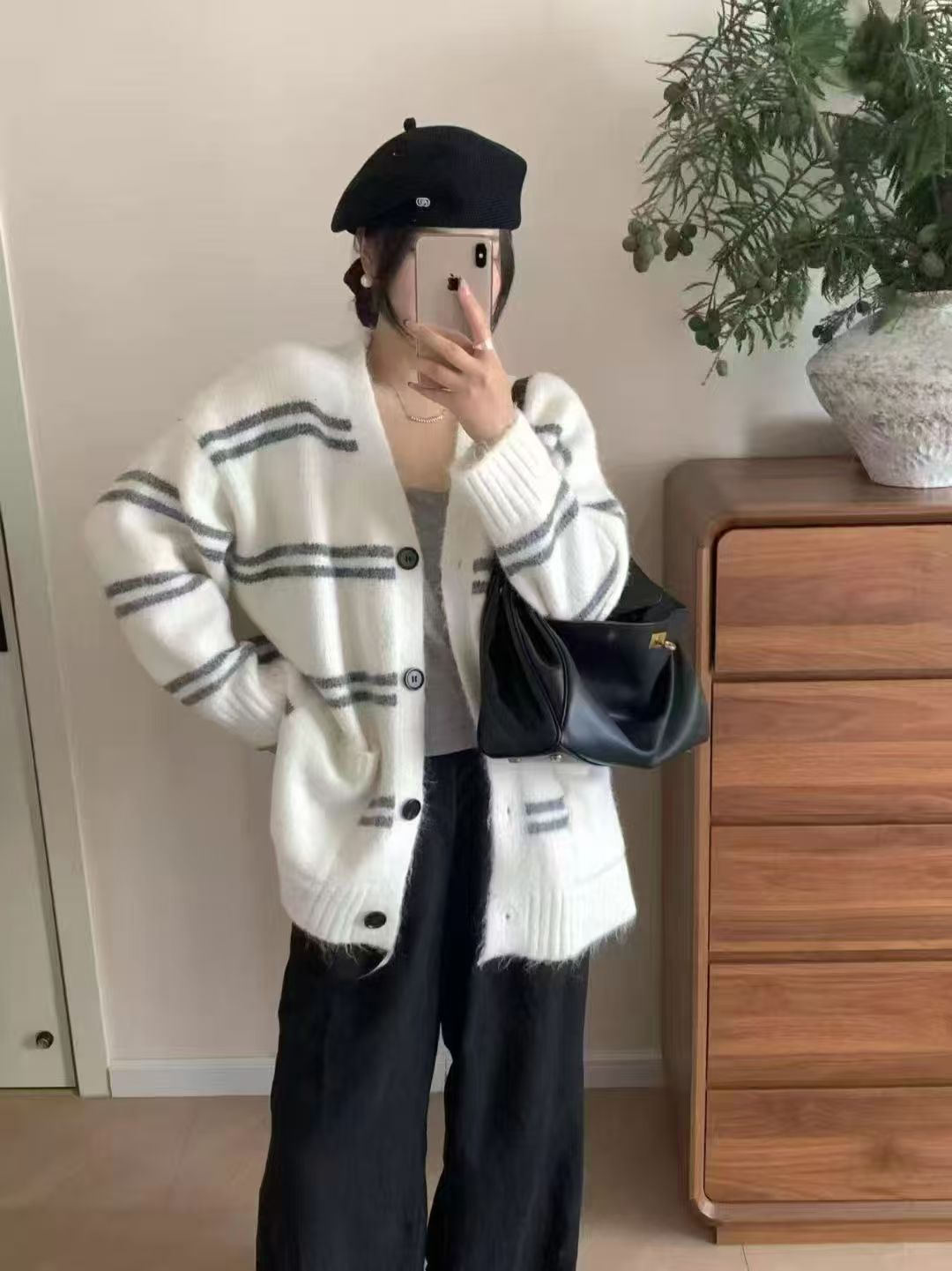 2401-2-CQ白色新款条纹开衫针织上衣（80-135）