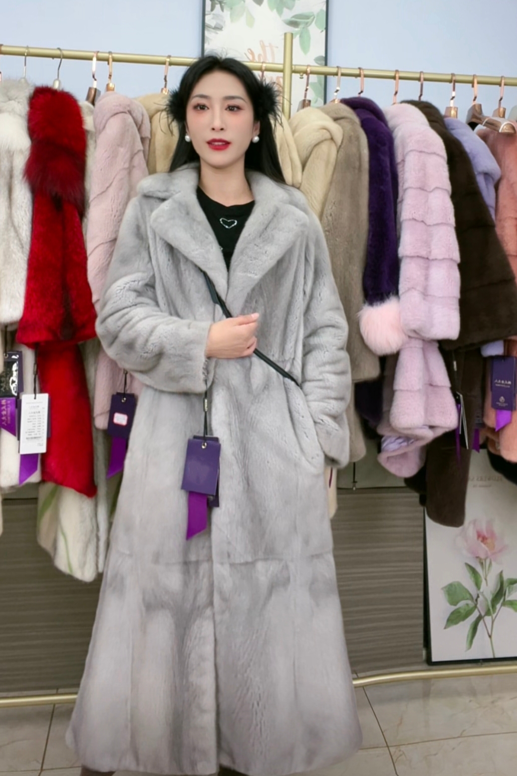 蓝宝石本色大长款西服领进口天鹅绒貂皮大衣皮草