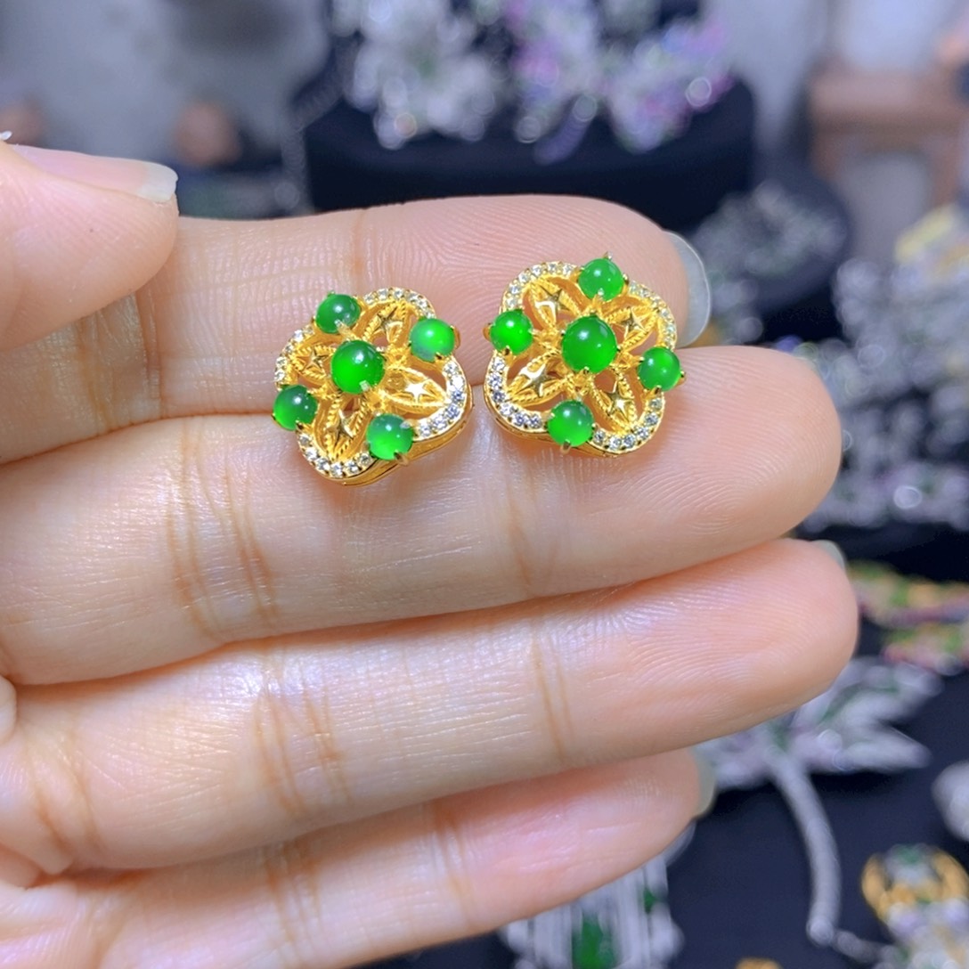 翡翠银S925镶嵌耳饰天然翡翠