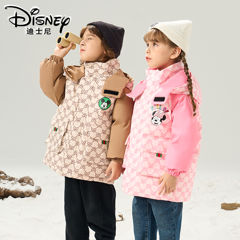 Disney/迪士尼儿童羽绒服男女中大童时尚拼色格子连帽羽绒外套
