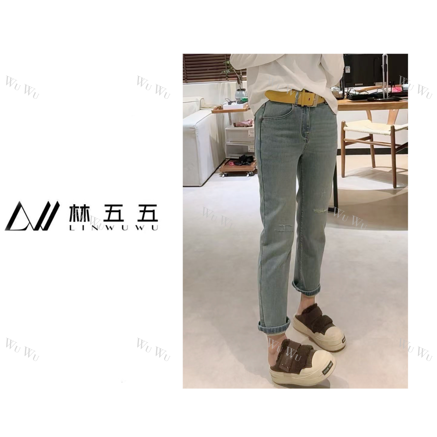 【五五定制】2025新款—秋冬街头百搭三角标假破洞磨毛烟管牛仔裤