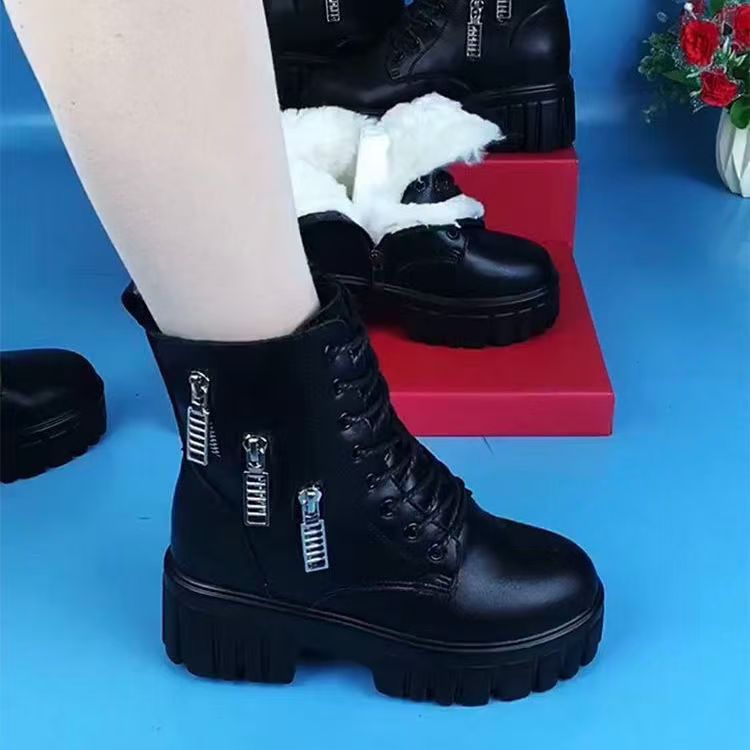 反季清仓软皮绵毛雪地靴女冬季加绒加厚粗跟毛一体休闲短靴女
