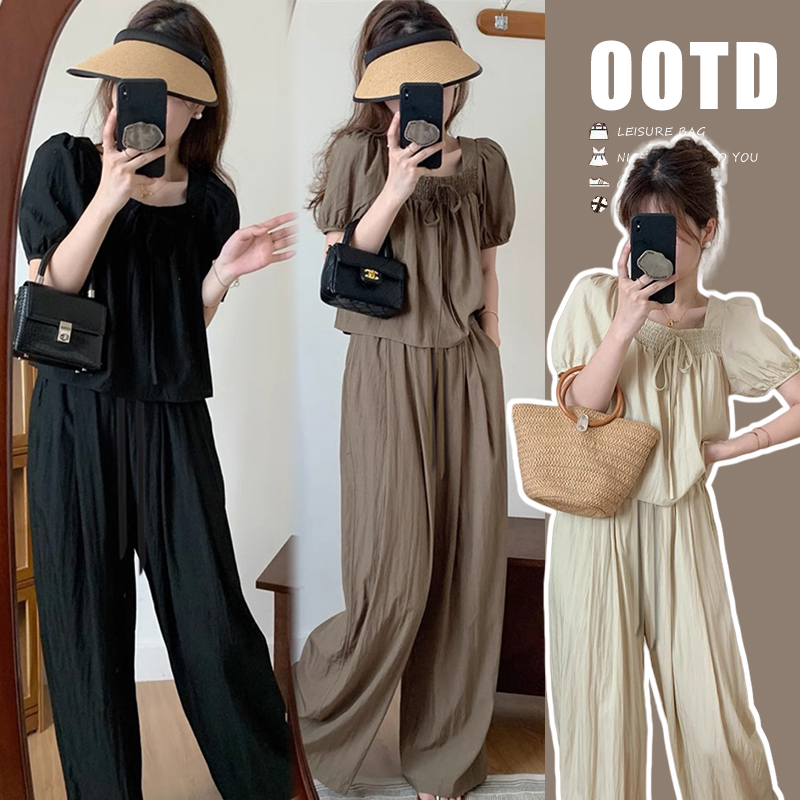 孕妇夏季两件套薄款韩系宽松方领上衣+无托腹抽绳调节直筒阔腿裤