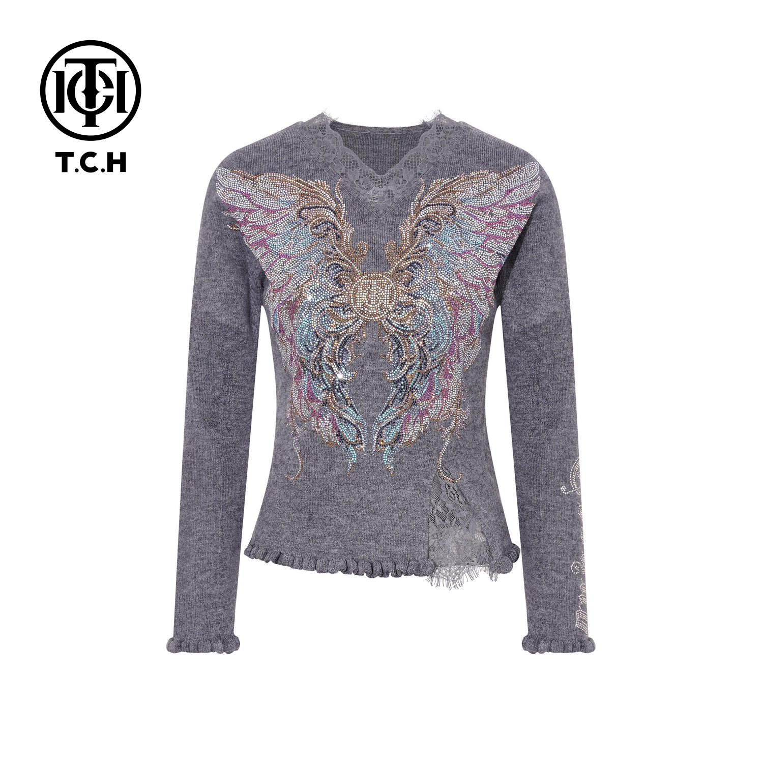 TCH【柔软舒适】冬款时尚烫钻灰色休闲风女装针织衫T75D09E1173
