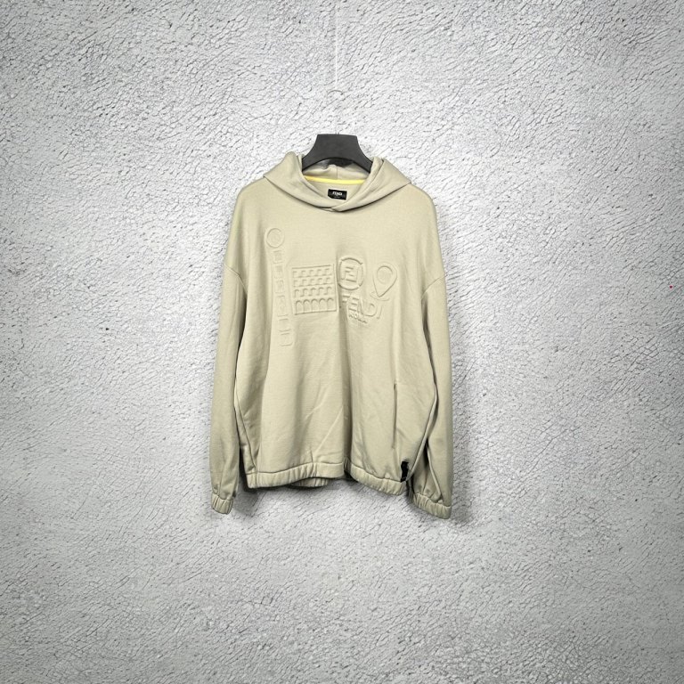 全新未使用 FENDI/芬迪 卡其色灰色浮雕Logo连帽套头卫衣 /XL
