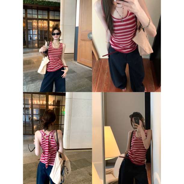 夏季外穿红色条纹针织吊带背心别致绝美内搭港风无袖上衣