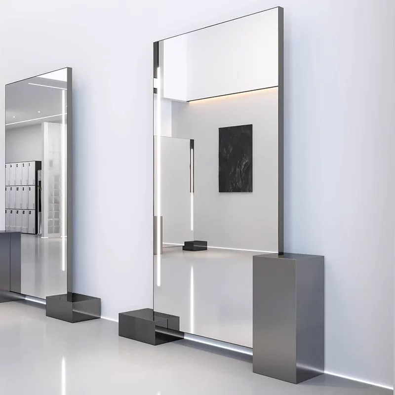 简约实木网红理发店镜子带灯全身镜美发店专用镜台